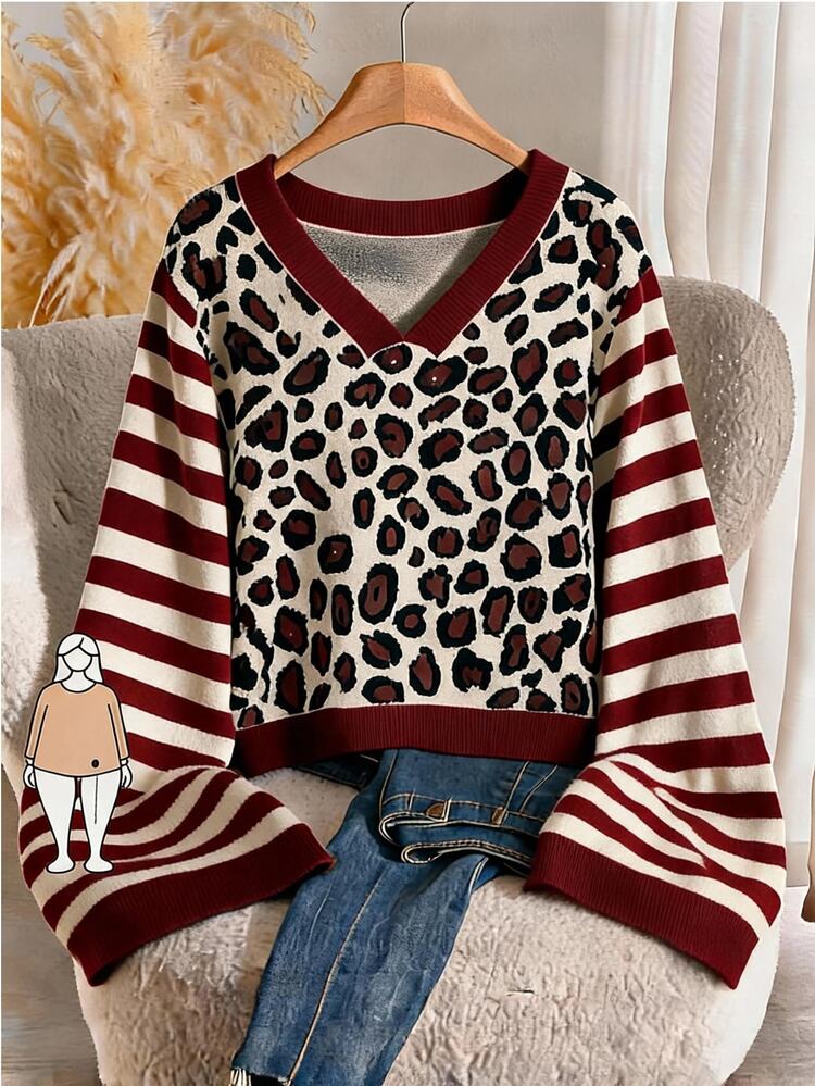 SHEIN Frenchy Plus Size Women's V-Neck Leopard Print Colorblock Casual Everyday Long Sleeve Sweater Casual Vacation Daily Going Out Sweater For Women Fall/Winter - Red and White - View 7