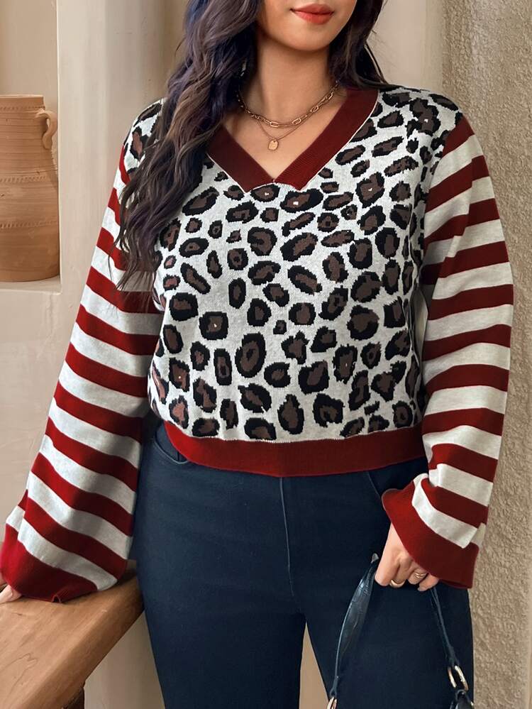 SHEIN Frenchy Plus Size Women's V-Neck Leopard Print Colorblock Casual Everyday Long Sleeve Sweater Casual Vacation Daily Going Out Sweater For Women Fall/Winter - Red and White - View 6
