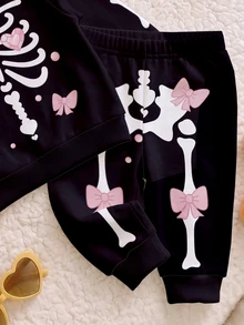 Newborn Baby Outfit Set, Funny Cartoon Cute Heart Bow Star Halloween Black Sweatshirt And Sweatpants 2 Pieces Set, Daily Wear For Autumn/Winter - Multicolor - View 5