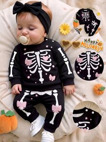 Newborn Baby Outfit Set, Funny Cartoon Cute Heart Bow Star Halloween Black Sweatshirt And Sweatpants 2 Pieces Set, Daily Wear For Autumn/Winter - Multicolor - View 1