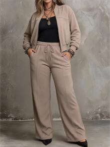 Ceyna Plus Size Women French Casual Soft Form Soft Form Elegant Long Sleeve Top And Pants 2 Pieces Set Formal Office Formal Khaki Autumn Fall - Khaki - View 5