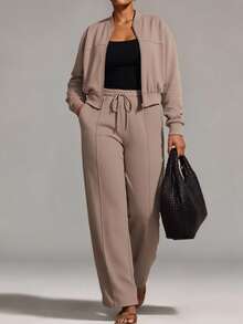 Ceyna Plus Size Women French Casual Soft Form Soft Form Elegant Long Sleeve Top And Pants 2 Pieces Set Formal Office Formal Khaki Autumn Fall - Khaki - View 4