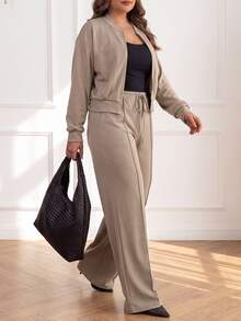 Ceyna Plus Size Women French Casual Soft Form Soft Form Elegant Long Sleeve Top And Pants 2 Pieces Set Formal Office Formal Khaki Autumn Fall - Khaki - View 6