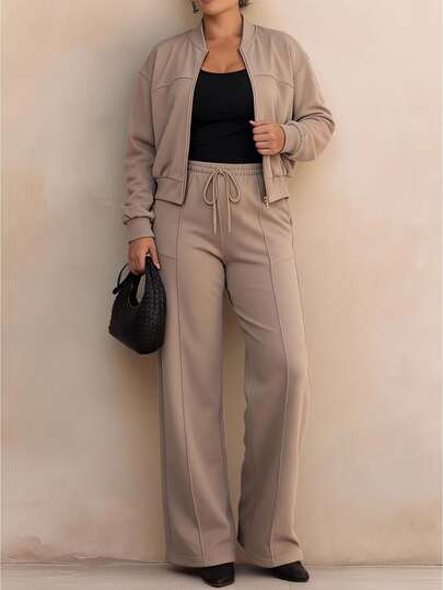 Vionelle Plus Size Women French Casual Soft Form Soft Form Elegant Long Sleeve Top And Pants 2 Pieces Set Formal Office Formal Khaki Autumn