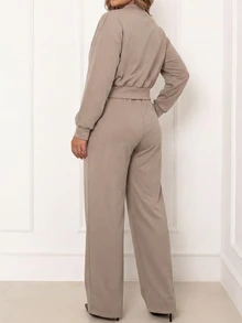 Ceyna Plus Size Women French Casual Soft Form Soft Form Elegant Long Sleeve Top And Pants 2 Pieces Set Formal Office Formal Khaki Autumn Fall - Khaki - View 2
