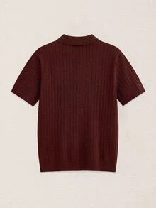 Suiteron Dark Brown Vertical Ribbed Men's Short Sleeve Polo Slim Fit Knit Top Business Casual Solid Color Commute Formal Old Money - Coffee Brown - View 6