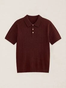 Suiteron Dark Brown Vertical Ribbed Men's Short Sleeve Polo Slim Fit Knit Top Business Casual Solid Color Commute Formal Old Money - Coffee Brown - View 5
