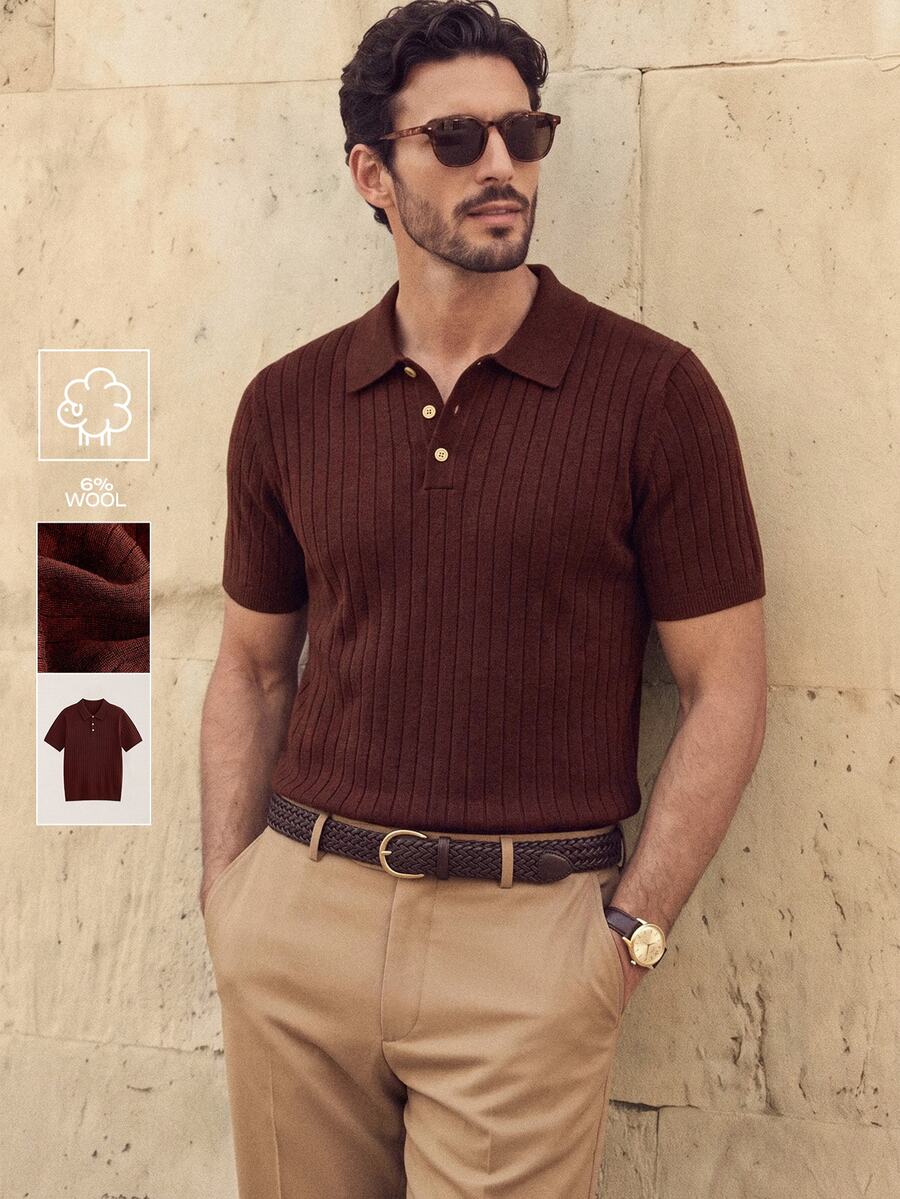 Suiteron Dark Brown Vertical Ribbed Men's Short Sleeve Polo Slim Fit Knit Top Business Casual Solid Color Commute Formal Old Money - Coffee Brown - View 1