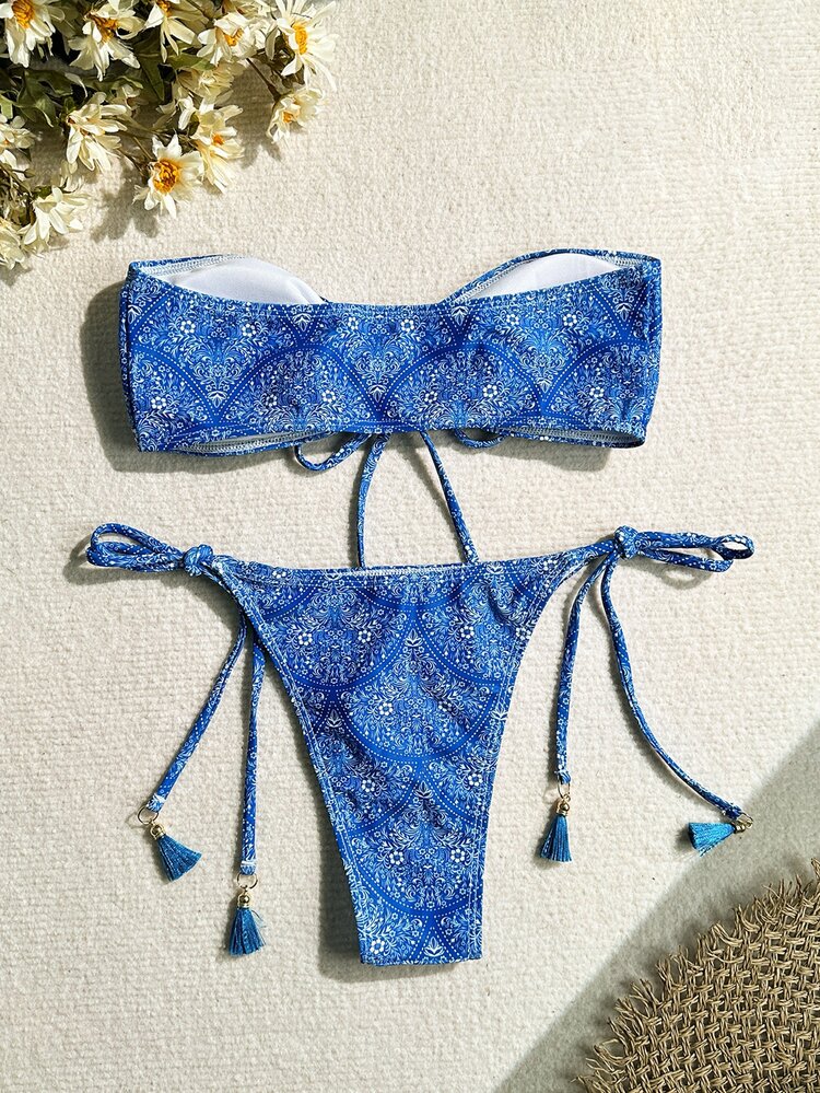 Swim Mod Women Summer Beach Retro Pattern Tie Shoulder Bikini Set With Mixed Print (Random Pattern) - Blue - View 3