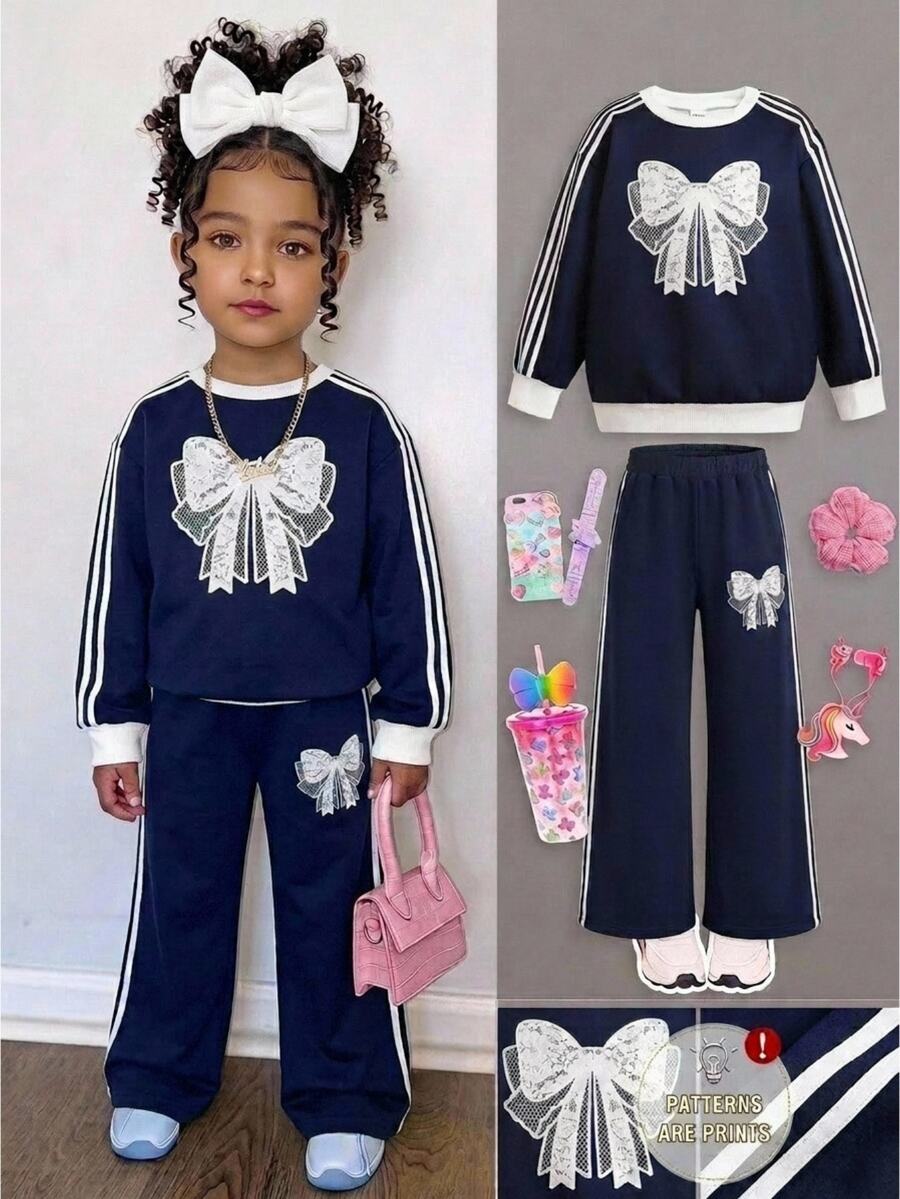 少女休閒日常時尚圓領藍色蝴蝶結寬鬆衛衣與運動褲套裝 - 藏蓝色 - 查看 1