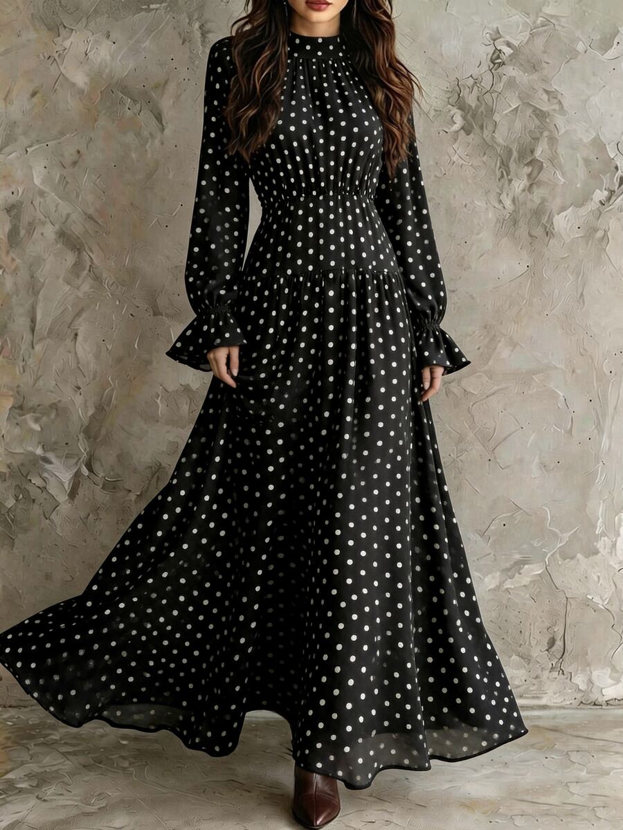 SHEIN 新款休閒日常通勤立領收腰波點女款長洋裝 - 黑色 - 查看 1