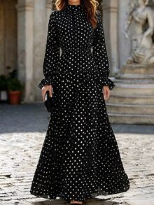 SHEIN New Casual Daily Commute Stand Collar Cinched Waist Polka Dot Women's Long Dress - Black - View 5