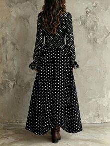 SHEIN New Casual Daily Commute Stand Collar Cinched Waist Polka Dot Women's Long Dress - Black - View 2