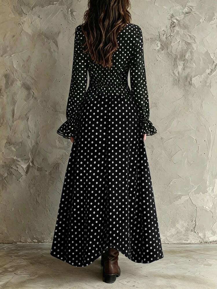 SHEIN 新款休閒日常通勤立領收腰波點女款長洋裝 - 黑色 - 查看 2