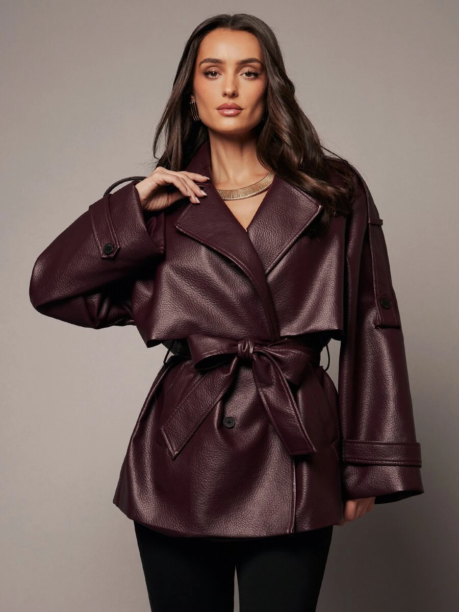 Silquee Autumn Fashion Commute Double-Breasted Jacket - Burgundy - View 1