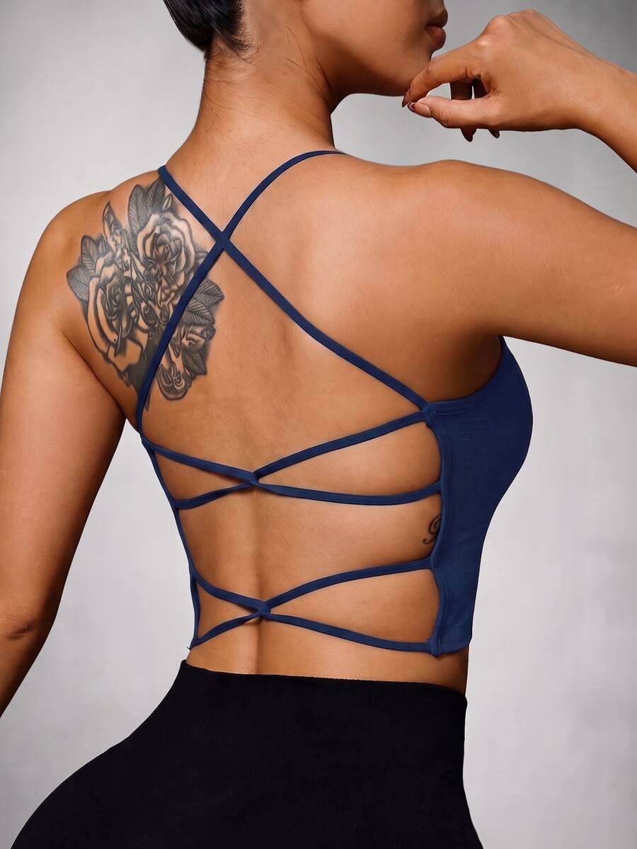 Slayform Slayform Women's Solid Color Back Lace-Up Design Seamless Sports Bra - Navy Blue - View 1