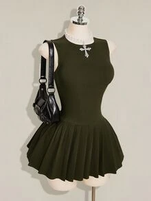 SHEIN ICON 女款純色圓領無袖修身百褶極簡哥德風性感可愛洋裝 深綠色 夏季夜店聚會校園日常穿搭 - 軍綠色 - 查看 6