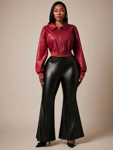 SHEIN SXY Veste courte ajustée d'hiver en patchwork de PU rouge avec fermeture éclair et côtes - Rouge - Voir 7