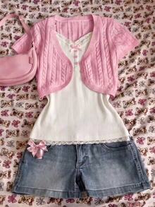 IslaSuriya Cream White Vintage Casual Soft Girl Knitted Cropped Cardigan For Shopping, Vacation, Daily Wear And Commuting - Pink - View 3