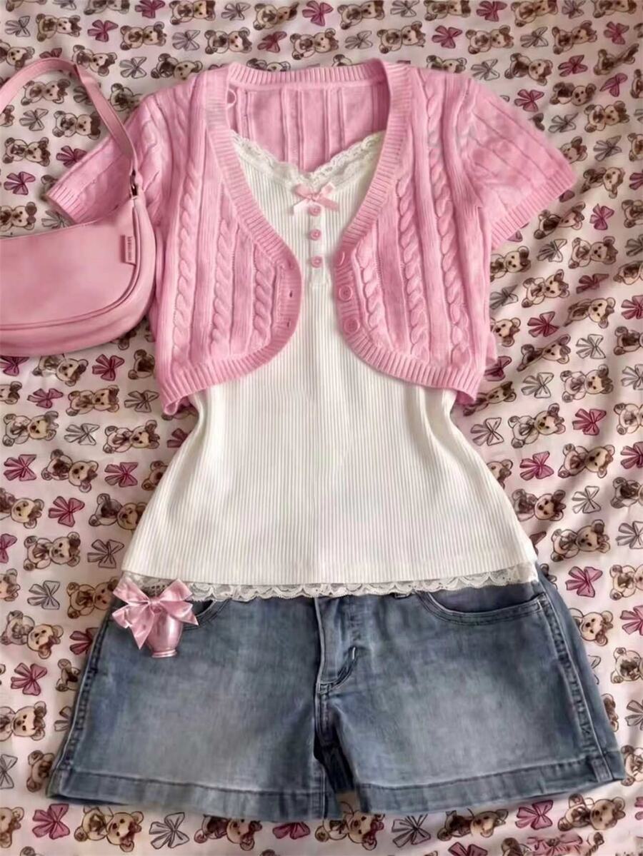 IslaSuriya Cream White Vintage Casual Soft Girl Knitted Cropped Cardigan For Shopping, Vacation, Daily Wear And Commuting - Pink - View 1