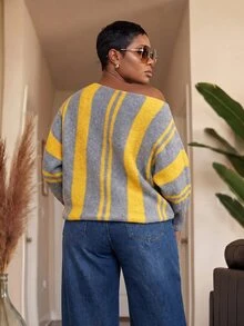 Slaydiva Plus Asymmetrical Neck Striped Sweater - Multicolor - View 3