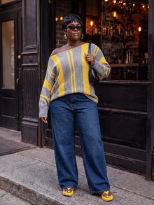 Slaydiva Plus Asymmetrical Neck Striped Sweater - Multicolor - View 6