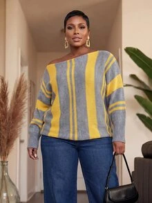 Slaydiva Plus Asymmetrical Neck Striped Sweater - Multicolor - View 7