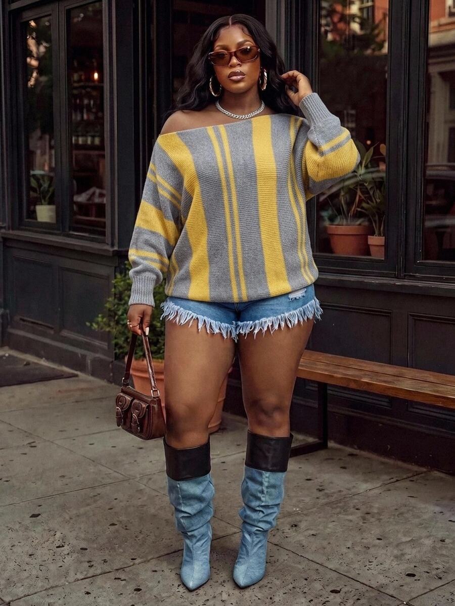 Slaydiva Plus Asymmetrical Neck Striped Sweater