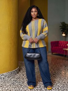 Slaydiva Plus Asymmetrical Neck Striped Sweater - Multicolor - View 4