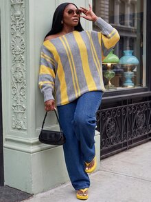 Slaydiva Plus Asymmetrical Neck Striped Sweater - Multicolor - View 9