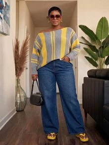 Slaydiva Plus Asymmetrical Neck Striped Sweater - Multicolor - View 5