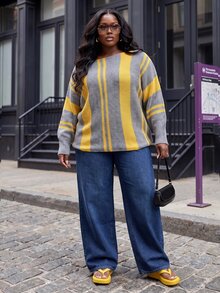 Slaydiva Plus Asymmetrical Neck Striped Sweater - Multicolor - View 8