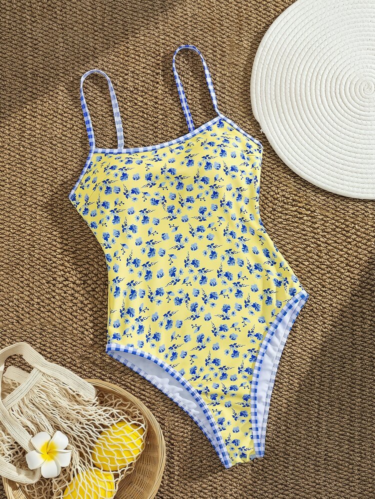 Swim Mod Yellow Summer Cute Beach Holiday One-Piece Swimsuit, Ocean Life Print Contrast Color Spaghetti Strap Backless High-Cut Triangle Slim-Fit Swimwear Set - Multicolor - View 3