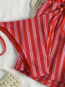 Swim Vcay 3pcs/Set Bohemian Style Crochet Fabric Drawstring Swimwear Cover Up Bikini Set - Rose Red - View 5