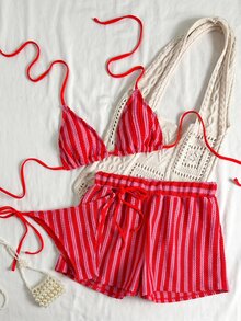 Swim Vcay 3pcs/Set Bohemian Style Crochet Fabric Drawstring Swimwear Cover Up Bikini Set - Rose Red - View 1
