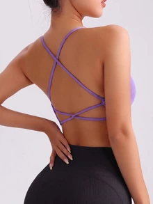 SHEIN Sports 女款純色無縫運動內衣，適合休閒日常穿著 - 紫色 - 查看 4