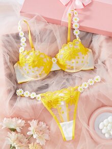 SHEIN 2pcs Embroidery Lace Trim Women Lingerie Set - Yellow - View 7