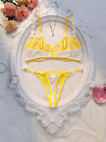 SHEIN 2pcs Embroidery Lace Trim Women Lingerie Set - Yellow - View 2