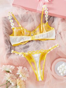 SHEIN 2pcs Embroidery Lace Trim Women Lingerie Set - Yellow - View 4