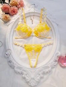 SHEIN 2pcs Embroidery Lace Trim Women Lingerie Set - Yellow - View 1