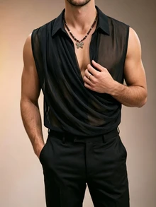 ZURIURI Men's Elegant Fashion Sheer Sleeveless Tank Top - Black - View 4