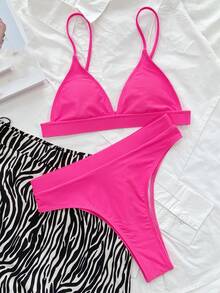 SHEIN Swim Summer Beach Plain High Waisted Bikini - Hot Pink - View 4
