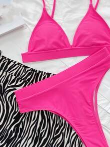 SHEIN Swim Summer Beach Plain High Waisted Bikini - Hot Pink - View 3
