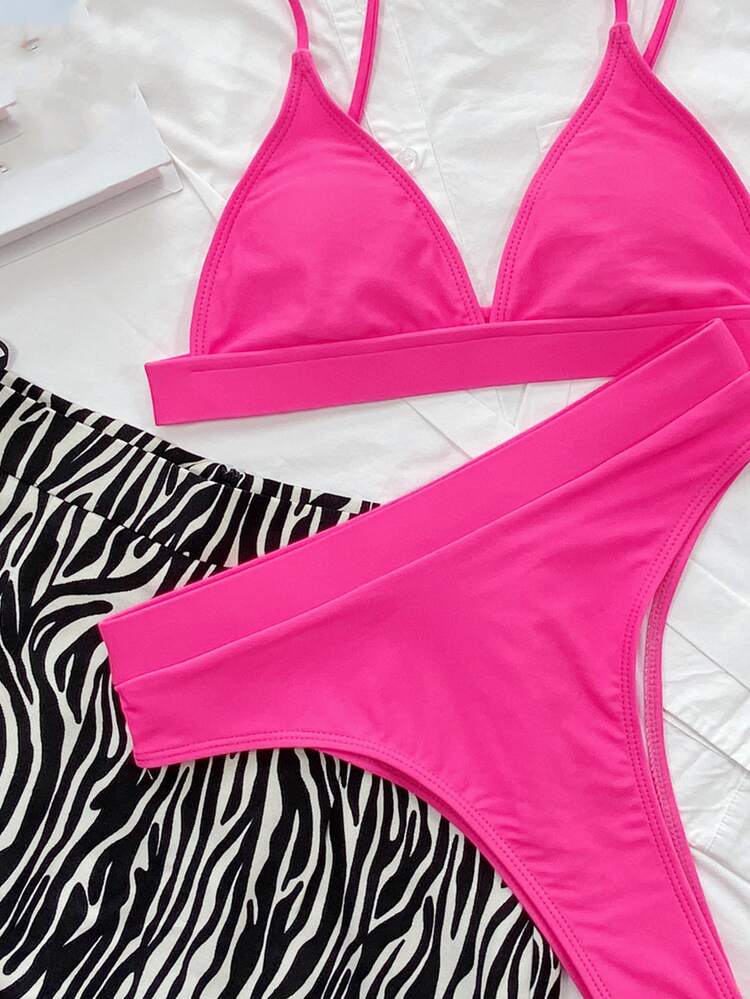 SHEIN Swim Summer Beach Plain High Waisted Bikini - Hot Pink - View 3