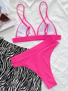 SHEIN Swim Summer Beach Plain High Waisted Bikini - Hot Pink - View 2