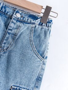 SHEIN 小男孩街頭風休閒寬鬆直筒拼接牛仔褲，白色裝飾縫線，適合夏季假期與秋季 - 中等水洗藍 - 查看 6