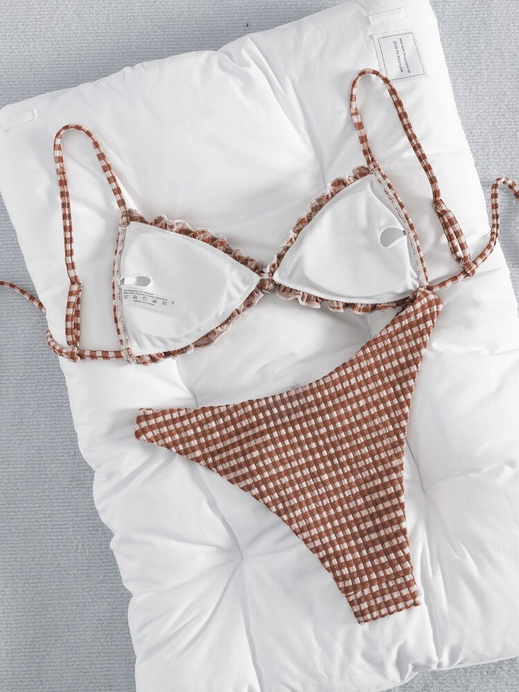 Swim Mod Textured Fabric Ruffled Front Tie Bow Waist Pleated Cute Sweet Fashion Lively Party Two Pieces Bikini Set Set - Chocolate Brown - View 3