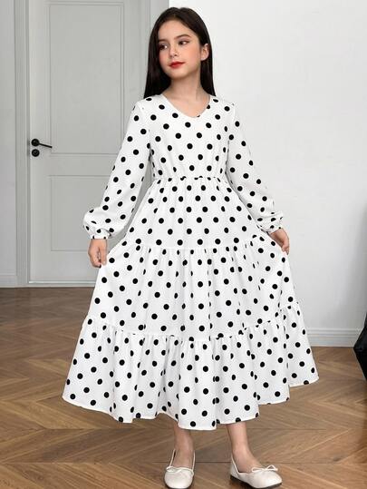 Firerie Kids Kids Tween Girl Tween Girls Tween Girl Black And White Polka Dot Long Sleeve Waist-Cinching Dress, Casual Daily Fashion Versatile Comfortable Soft