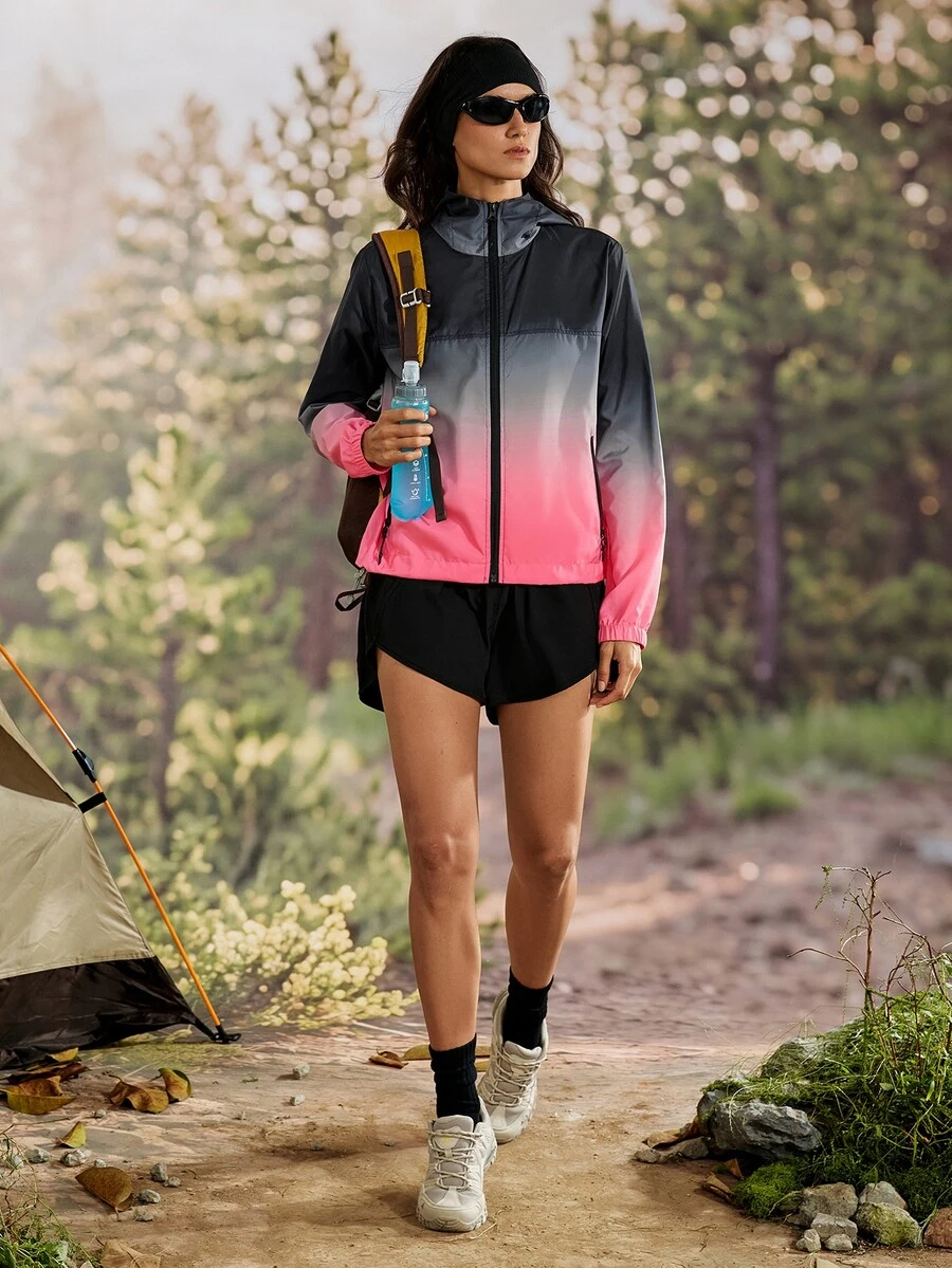 Exploreva Exploreva Women's Gradient Print Hooded Outdoor Jacket - Pink - View 1