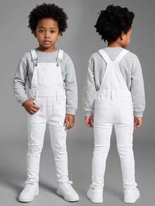SHEIN Young Boys' Distressed Cotton Ripped Frayed White Denim Slim Fit Overalls,For Kids Boys Fall/Winter Streetwear Outfits,Toddler Jumpsuit,Winter Overall - White - View 2